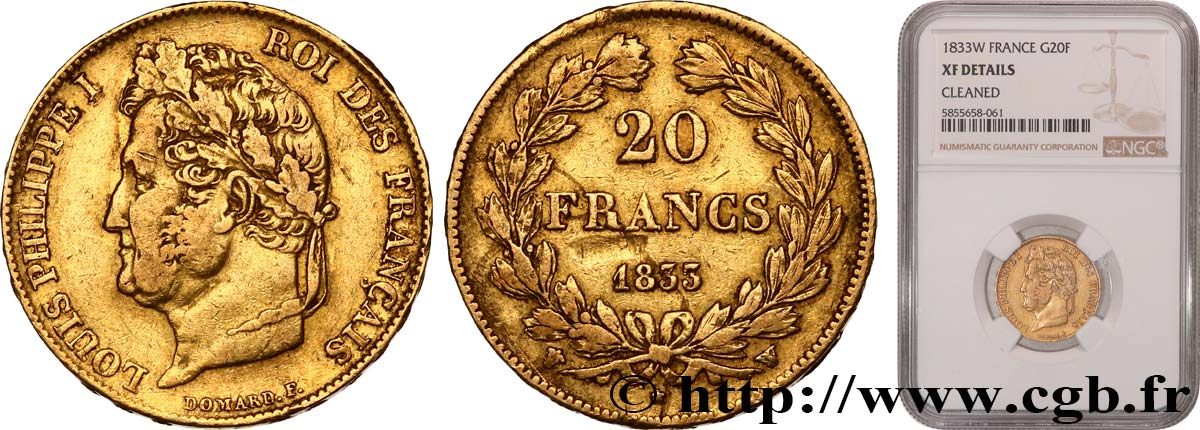 20 francs Louis-Philippe, Domard 1833 Lille F.527/6 TTB NGC