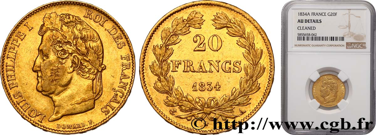 20 francs Louis-Philippe, Domard 1834 Paris F.527/7 TTB+ NGC