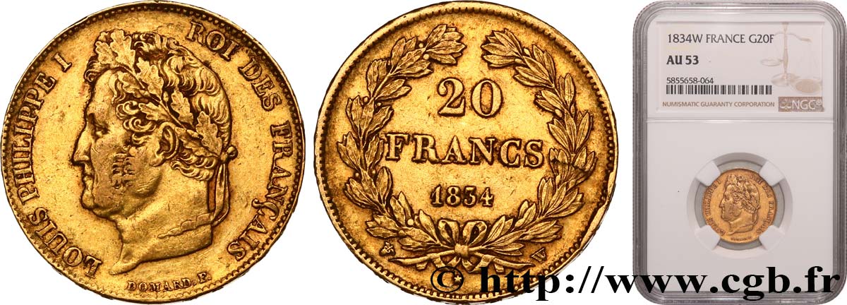 20 francs Louis-Philippe, Domard 1834 Lille F.527/10 AU53 NGC