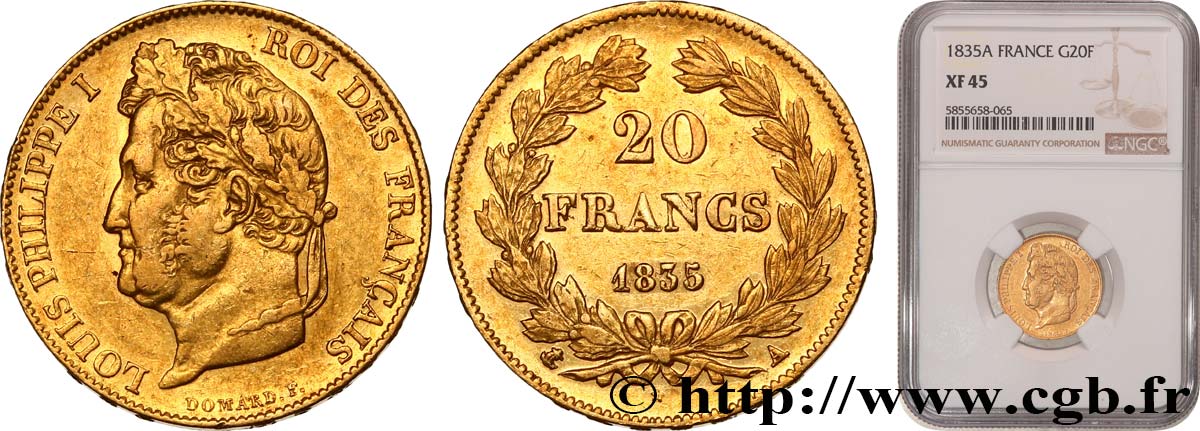 20 francs Louis-Philippe, Domard 1835 Paris F.527/11 TTB45 NGC