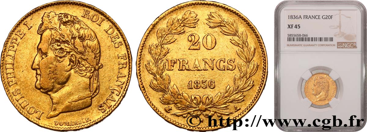 20 francs Louis-Philippe, Domard 1836 Paris F.527/14 XF45 NGC