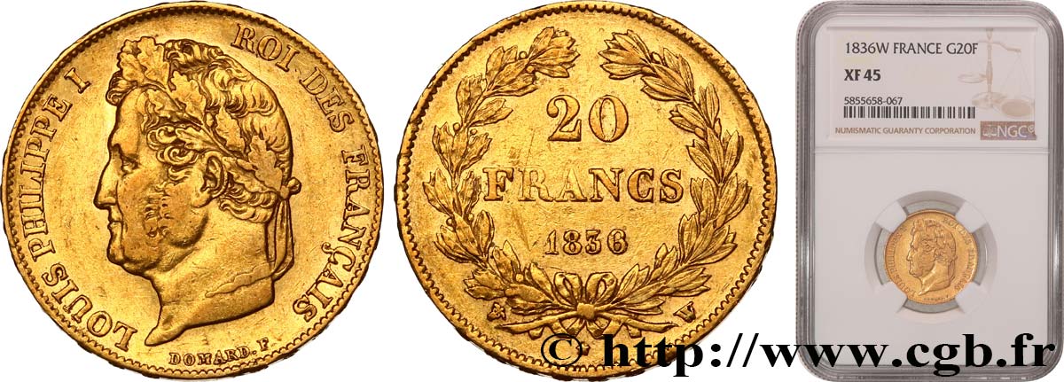 20 francs Louis-Philippe, Domard 1836 Lille F.527/15 TTB45 NGC