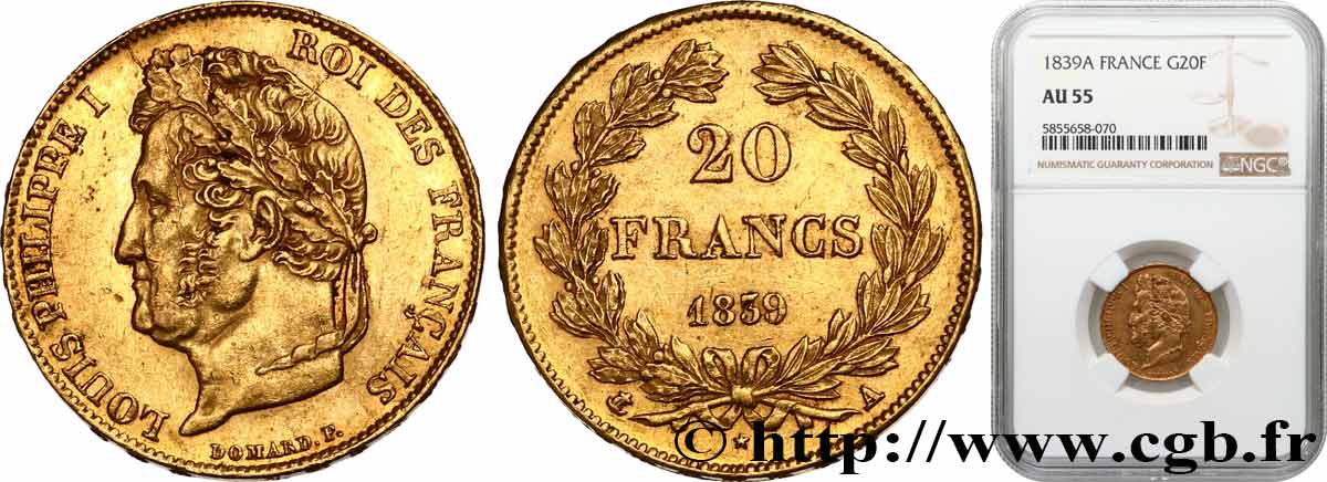 20 francs Louis-Philippe, Domard 1839 Paris F.527/20 SPL55 NGC