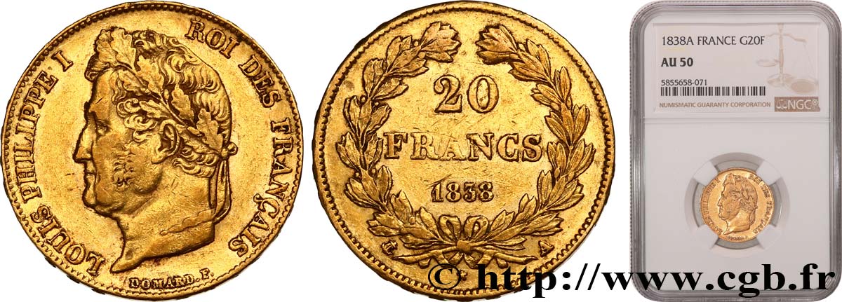 20 francs Louis-Philippe, Domard 1838 Paris F.527/18 TTB50 NGC