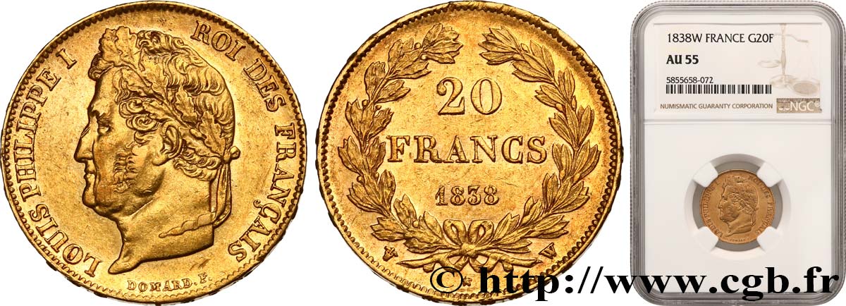 20 francs Louis-Philippe, Domard 1838 Lille F.527/19 SUP55 NGC