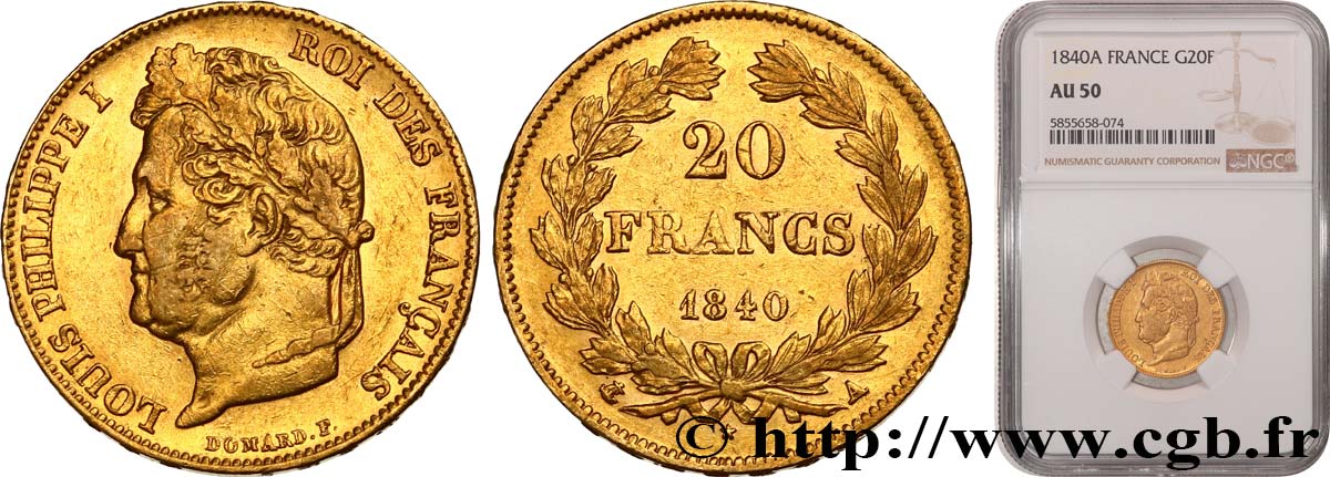 20 francs Louis-Philippe, Domard 1840 Paris F.527/22 AU50 NGC