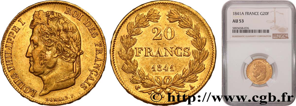20 francs Louis-Philippe, Domard 1841 Paris F.527/25 TTB53 NGC