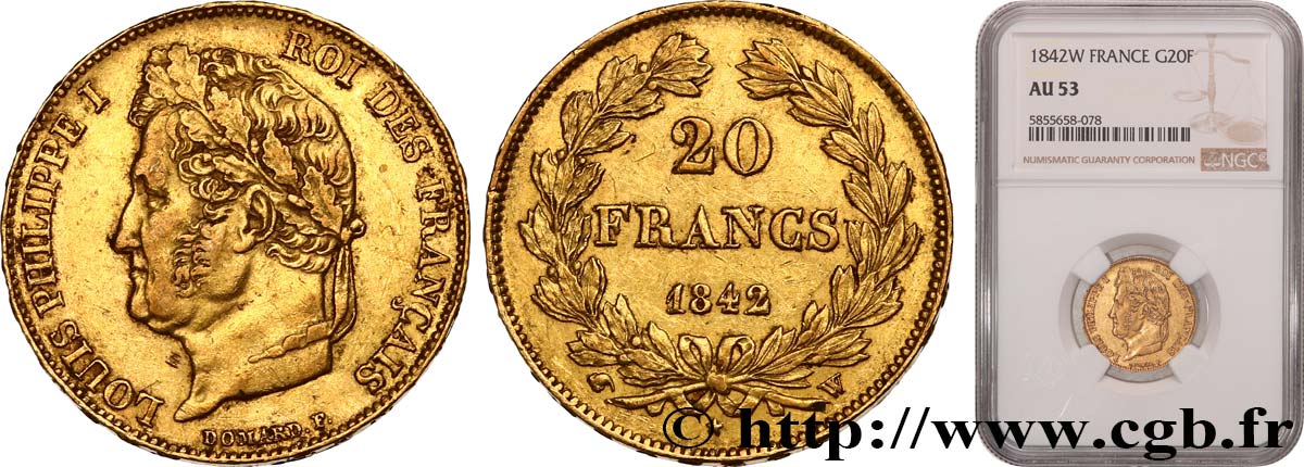 20 francs Louis-Philippe, Domard 1842 Lille F.527/28 TTB53 NGC