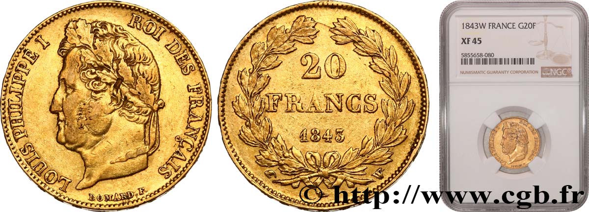 20 francs Louis-Philippe, Domard 1843 Lille F.527/30 TTB45 NGC