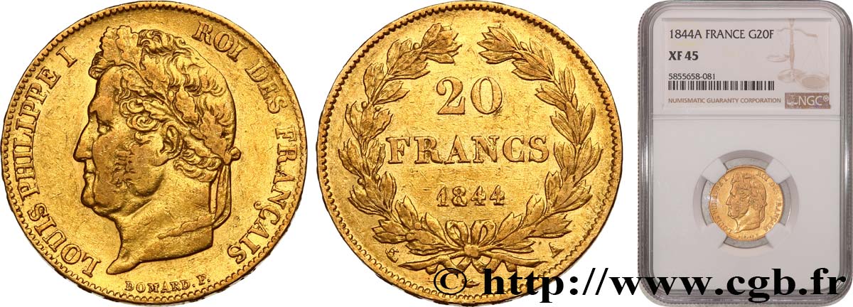 20 francs Louis-Philippe, Domard 1844 Paris F.527/31 AU54 NGC
