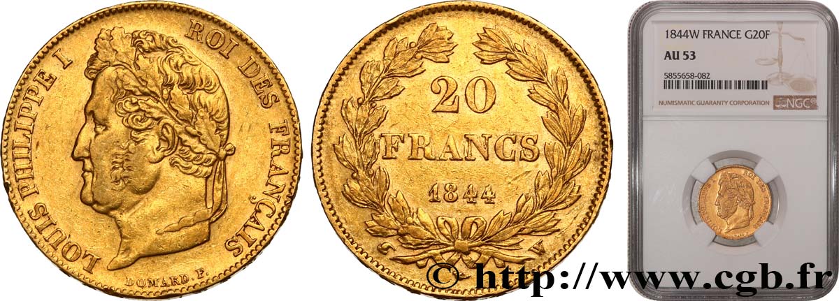 20 francs Louis-Philippe, Domard 1844 Lille F.527/32 TTB53 NGC