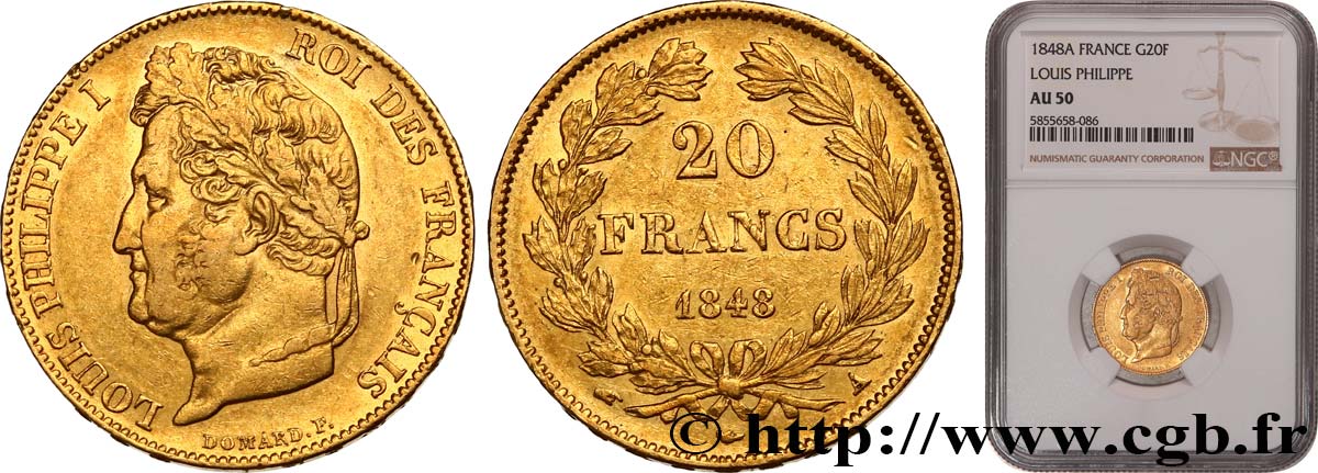 20 francs Louis-Philippe, Domard 1848 Paris F.527/38 TTB50 NGC