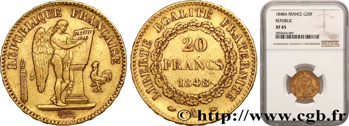 20 francs or Génie, IIe République 1848 Paris F.528/1 SS45 NGC
