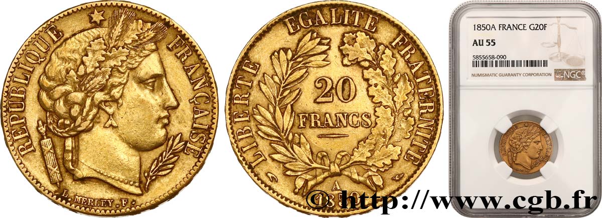 20 francs or Cérès, oreille haute 1850 Paris F.529/2 SPL55 NGC