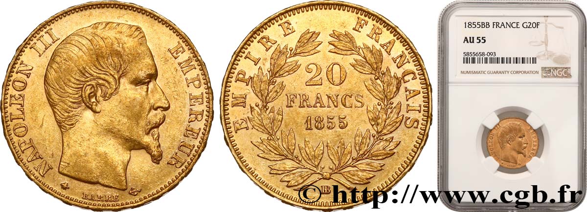 20 francs or Napoléon III, tête nue 1855 Strasbourg F.531/6 VZ55 NGC