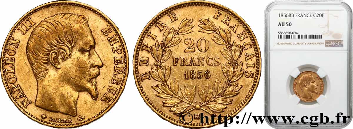 20 francs or Napoléon III, tête nue 1856 Strasbourg F.531/11 AU50 NGC