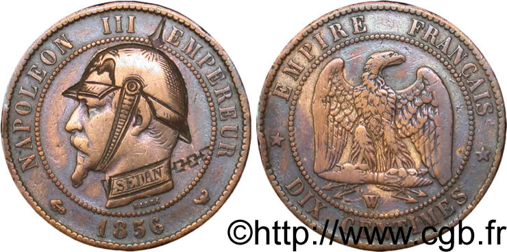 Dix centimes Napoléon III, tête nue, satirique 1856 Lille F.133/40 TTB45 