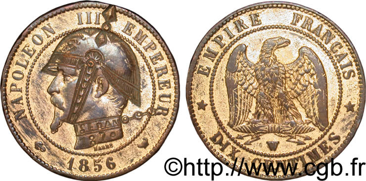 Dix centimes Napoléon III, tête nue, satirique et doré 1856 Lille F.133/40 TTB45 
