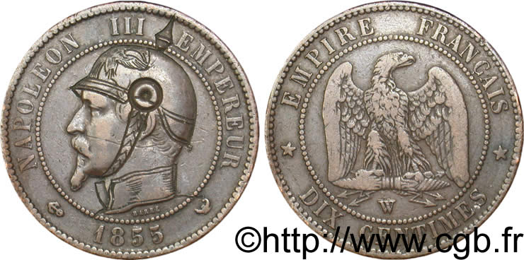 Dix centimes Napoléon III, tête nue, satirique 1855 Lille F.133/32 TTB45 
