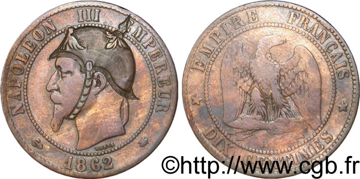 Dix centimes Napoléon III, tête laurée, satirique 1862 Paris F.134/7 TB30 