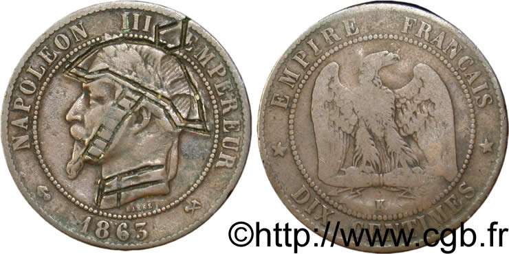 Dix centimes Napoléon III, tête laurée, satirique 1863 Bordeaux F.134/12 TB35 