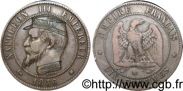 Dix centimes Napoléon III, tête nue, satirique 1856 Strasbourg F.133/36 TTB45 