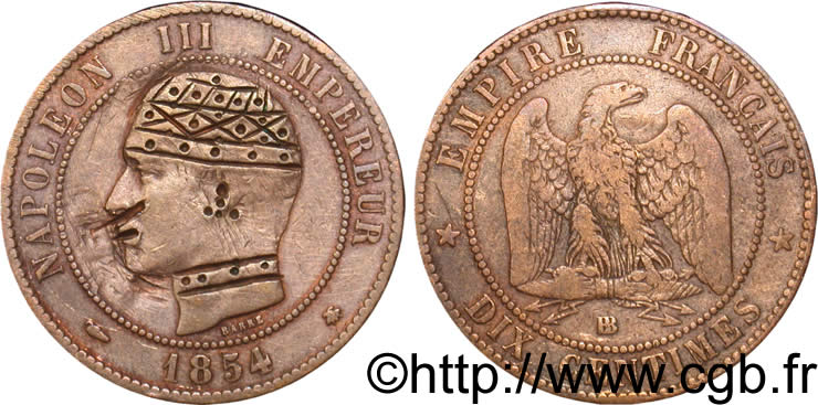 Dix centimes Napoléon III, tête nue, satirique 1854 Strasbourg F.133/13 TTB40 