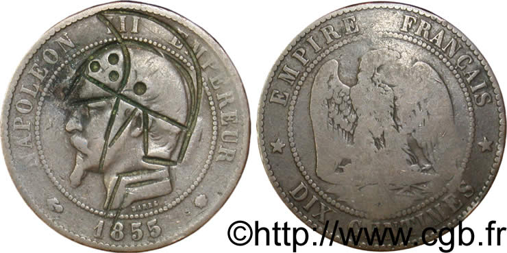 Dix centimes Napoléon III, tête nue, satirique 1855 Marseille F.133/30 var. MB25 