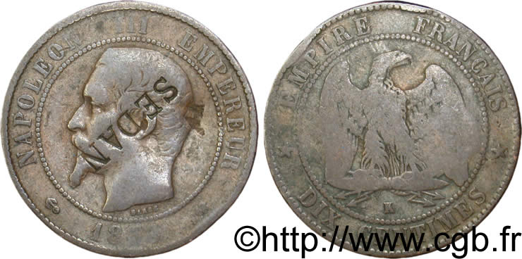 Dix centimes Napoléon III, tête nue, contremarqué SEDAN 1855 Bordeaux F.133/27 var. B12 