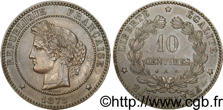 10 centimes Cérès 1872 Paris F.135/8 SUP55 