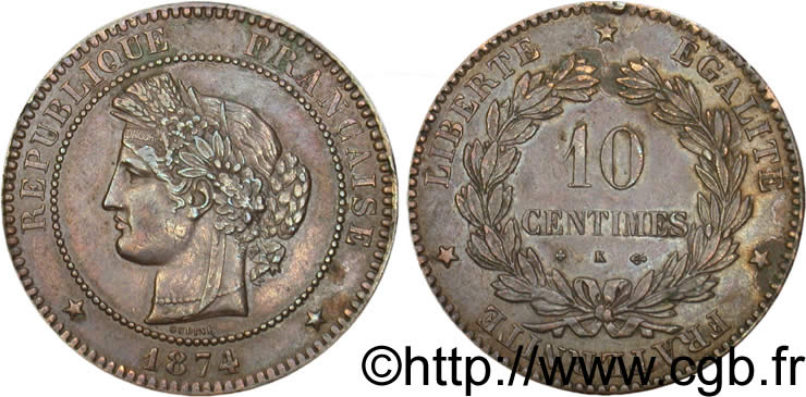 10 centimes Cérès 1874 Bordeaux F.135/13 TTB54 