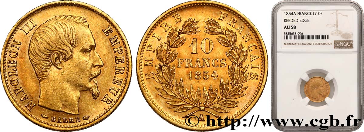 10 francs or Napoléon III tête nue, petit module 1854 Paris F.505A/1 SUP58 NGC