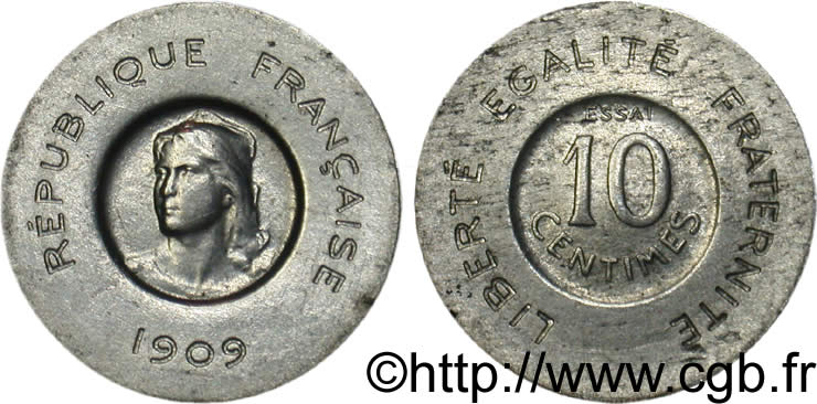 Essai en aluminium de 10 centimes Rude 1909 Paris VG.4637  SUP55 