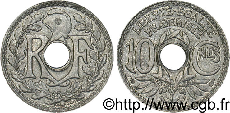 10 centimes Lindauer en zinc, Cmes non souligné et millésime sans points 1941  F.140A/1 VZ58 