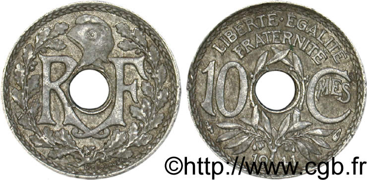 10 centimes Lindauer en zinc, Cmes non souligné et millésime sans points 1941  F.140A/1 VF35 