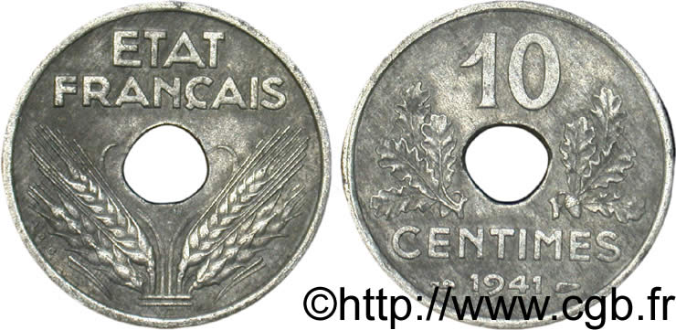 10 centimes État français, grand module 1941 Paris F.141/2 VF35 