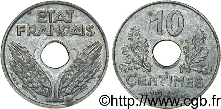 10 centimes État français, grand module 1942 Paris F.141/4 EBC55 