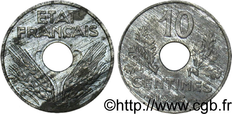 10 centimes État français, grand module 1943 Paris F.141/5 TTB54 