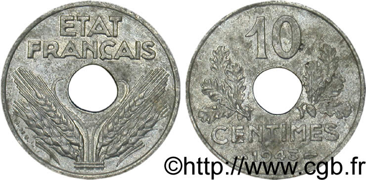 10 centimes État français, grand module 1943 Paris F.141/5 TTB48 