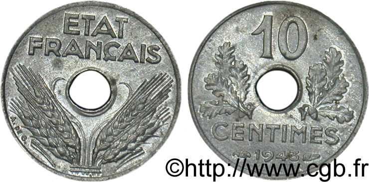 10 centimes État français, petit module 1943 Paris F.142/2 SUP55 