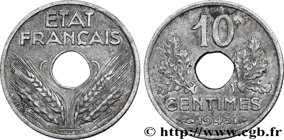 10 centimes État français, petit module 1943 Paris F.142/2 TTB48 
