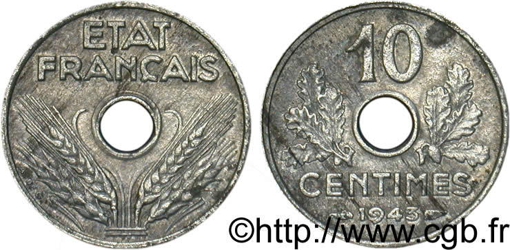 10 centimes État français, petit module 1943 Paris F.142/2 BC35 
