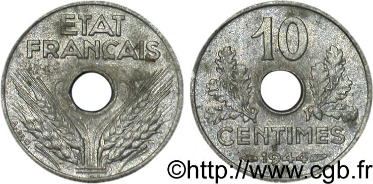 10 centimes État français, petit module 1944 Paris F.142/3 TB35 