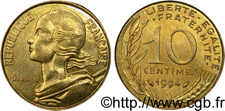 10 centimes Marianne, différent dauphin 1994 Pessac F.144/37 MS63 