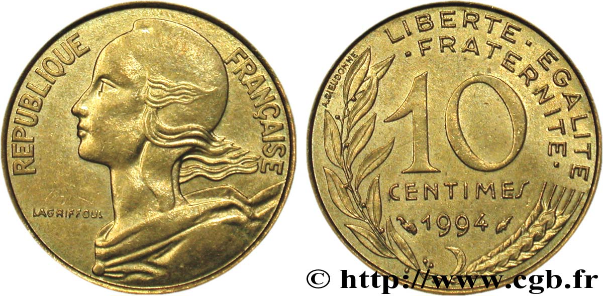 10 centimes Marianne, différent dauphin 1994 Pessac F.144/37 AU58 