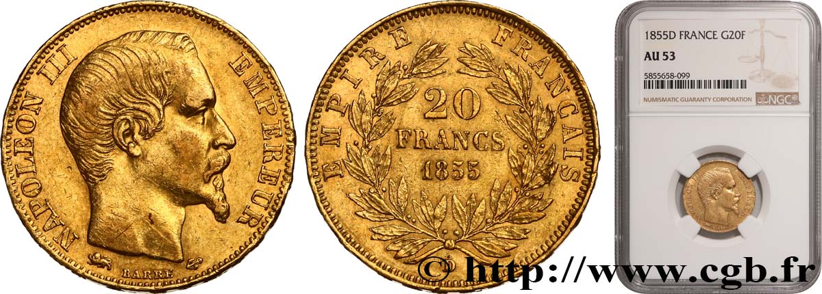 20 francs or Napoléon III, tête nue, Grand Lion 1855 Lyon F.531/8 TTB53 NGC