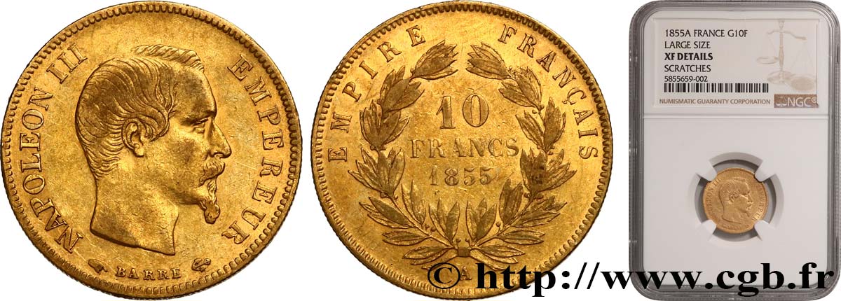 10 francs Napoléon III tête nue, grand module 1855 Paris F.506/1 TTB NGC