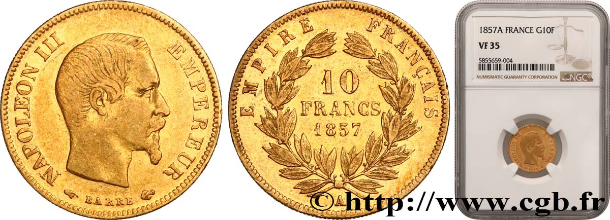 10 francs Napoléon III tête nue, grand module 1857 Paris F.506/4 VF35 NGC