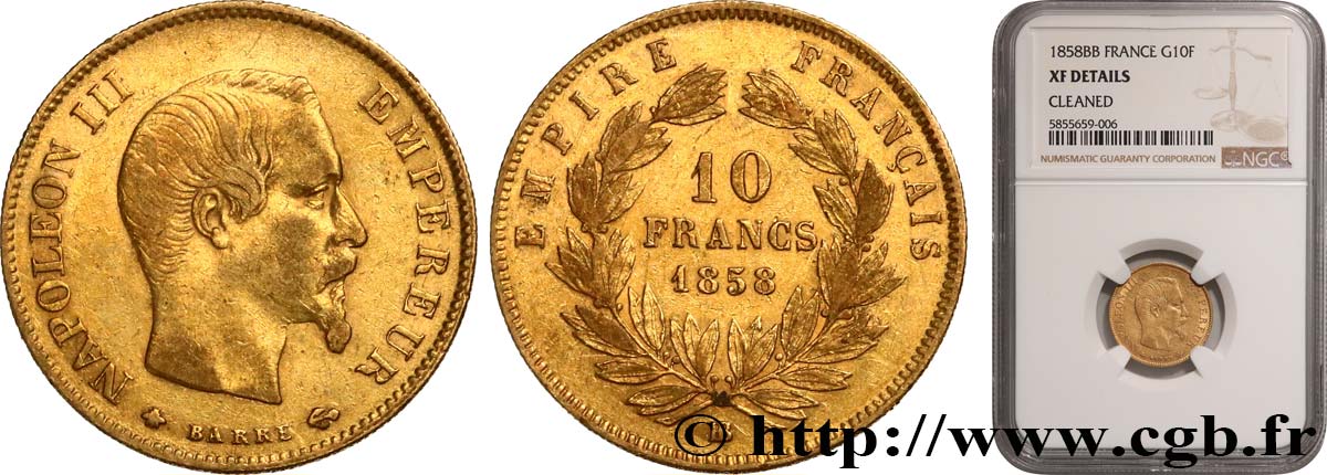 10 francs Napoléon III tête nue, grand module 1858 Strasbourg F.506/6 TTB NGC