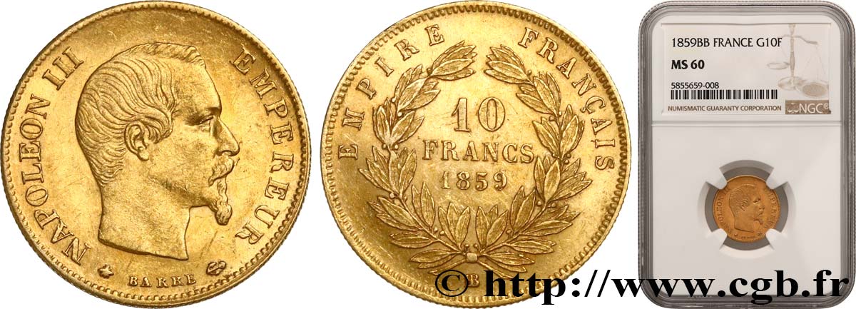 10 francs Napoléon III tête nue, grand module 1859 Strasbourg F.506/8 EBC60 NGC
